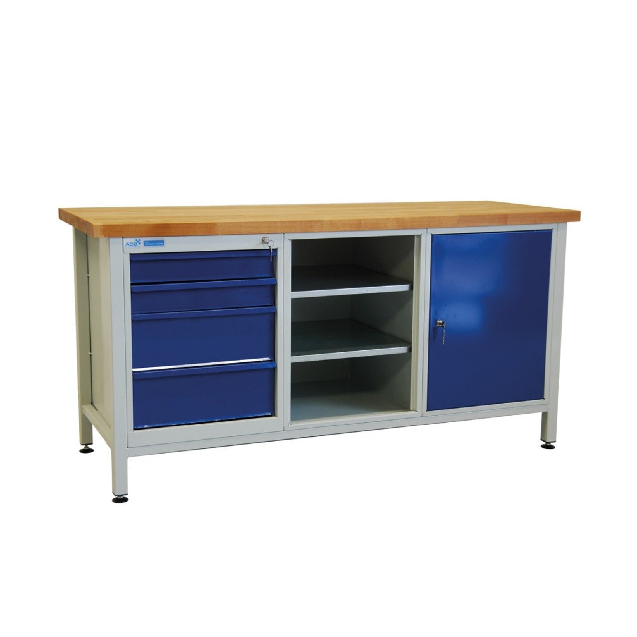 ADB Werkbank / Werktisch, 1700x600x840 mm, mit 1 Tür + 4 Schubladen