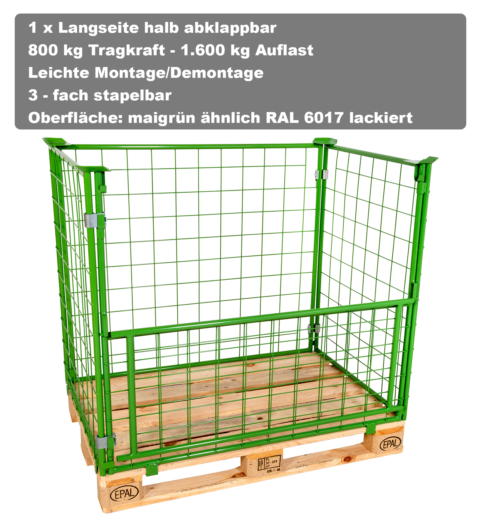 Gitteraufsatzrahmen für Europaletten Nutzhöhe 1200mm, 100x100 Drahtmaschung