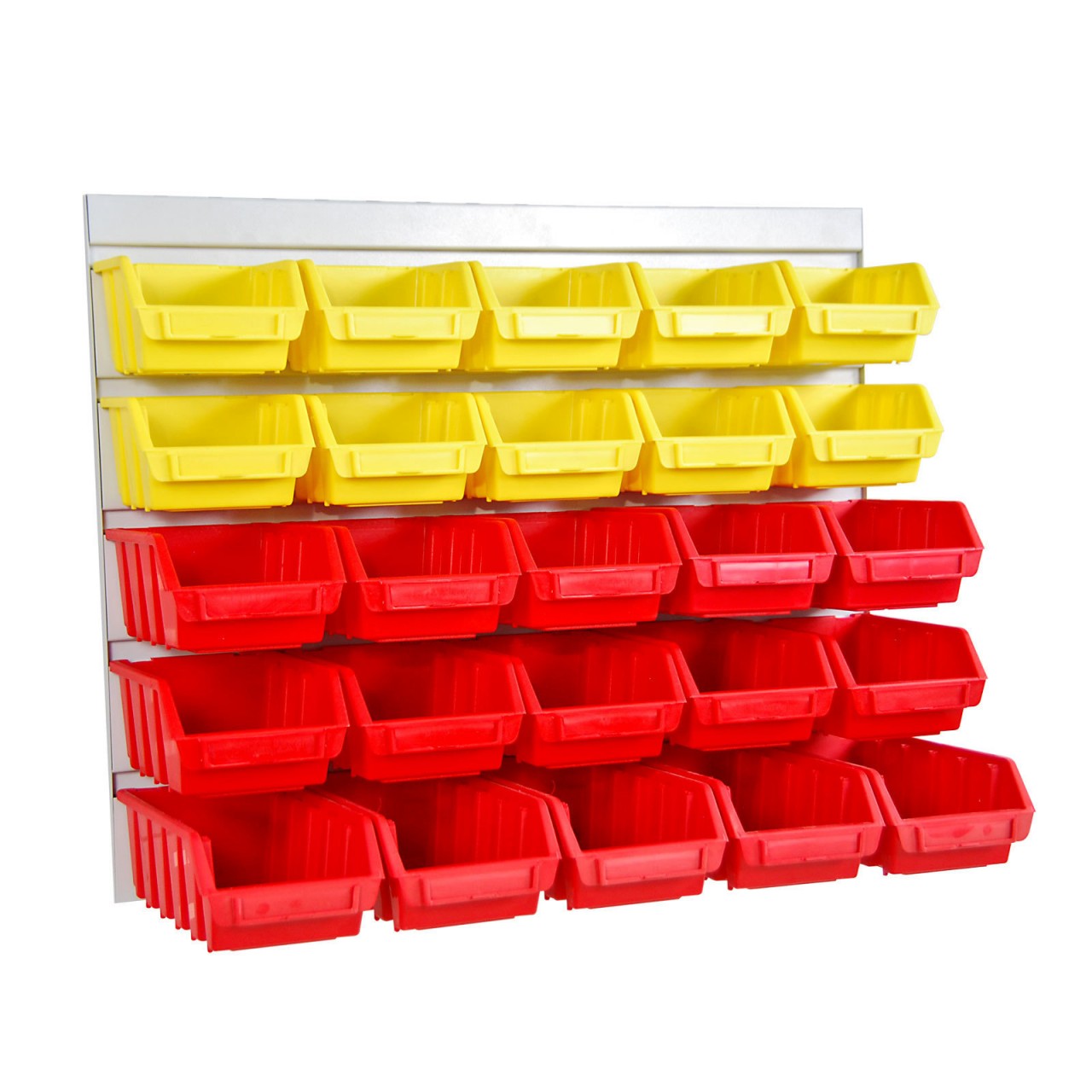 Werkzeugwand Schlitzplatte mit 10 gelben + 15 roten Lagersichtkäst