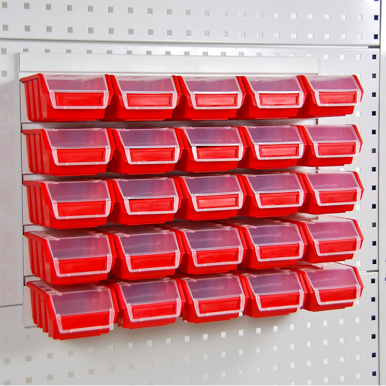 Werkzeugwand Schlitzplatte inkl. 25 Lagersichtkästen mit Deck