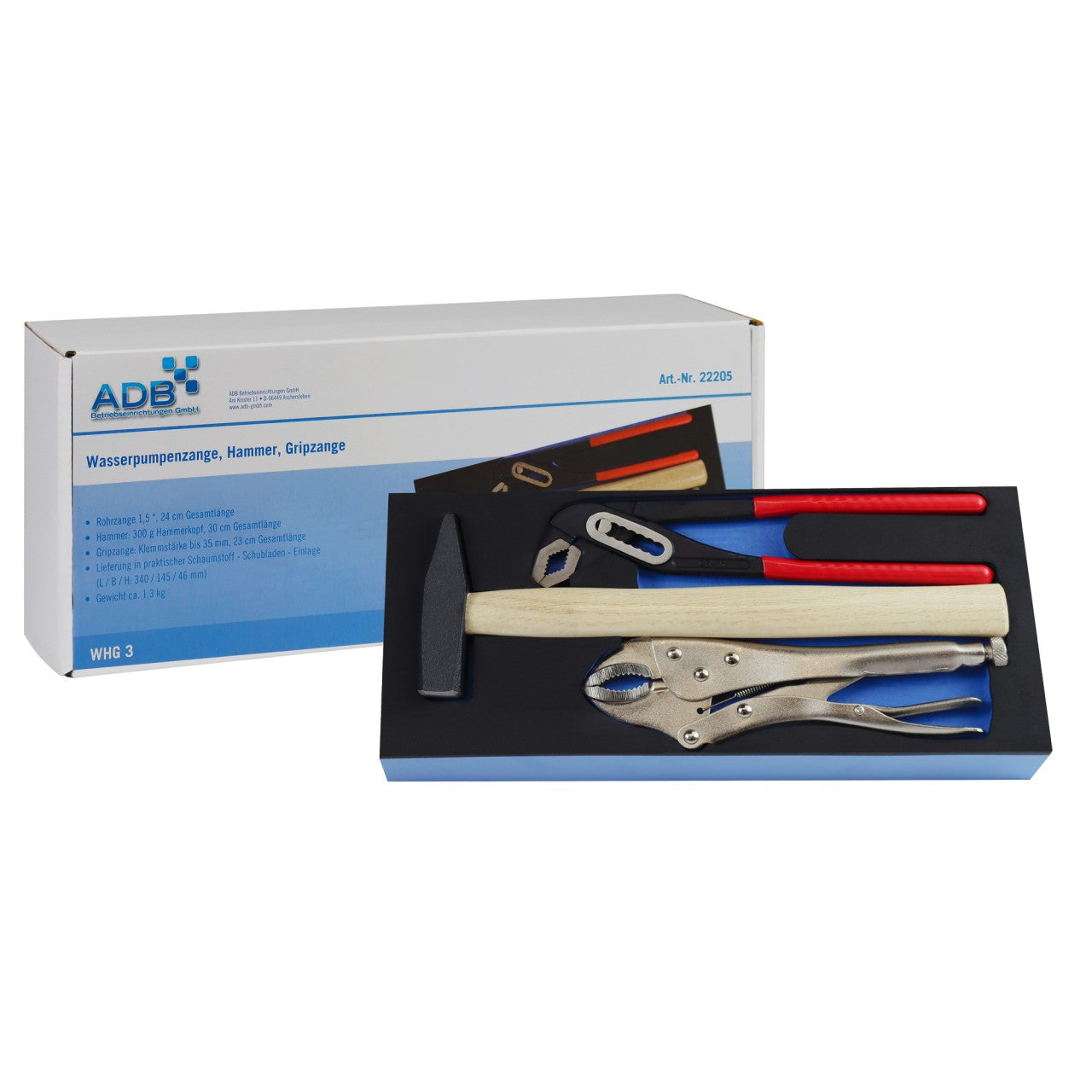 Werkzeugset Gripzange, Rohrzange, Hammer